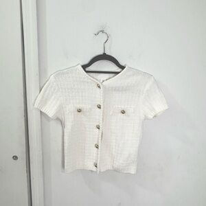 H&M Structured Knit Short Sleeve Cardigan, white, gold buttons, size XS